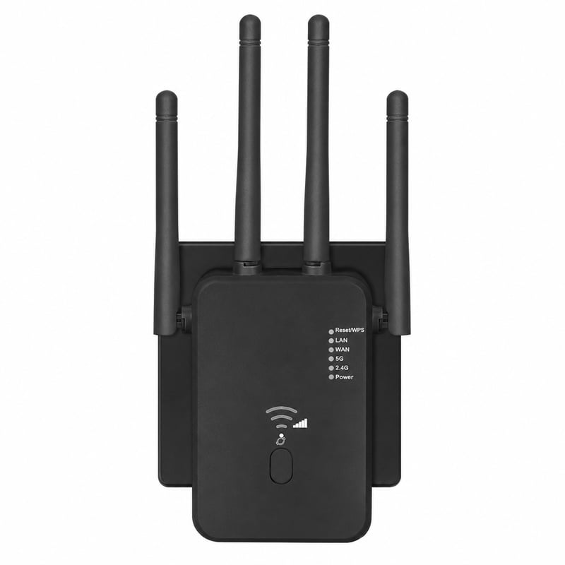Amplificator semnal WiFi 1200 Mbps Dual-Band 2.4GHz și 5GHz cu 4 antene externe, LAN WAN — culoare negru (stare: vezi a doua fotografie)