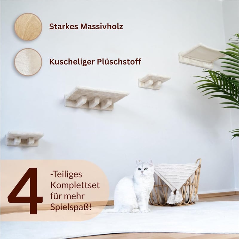 Meoville XXL Macskafal Szett 4 Részes - Tömörfa Macska Függőágy, Pihenő és 2 Lépcső, Fali Kaparófa Rendszer Bézs Színben