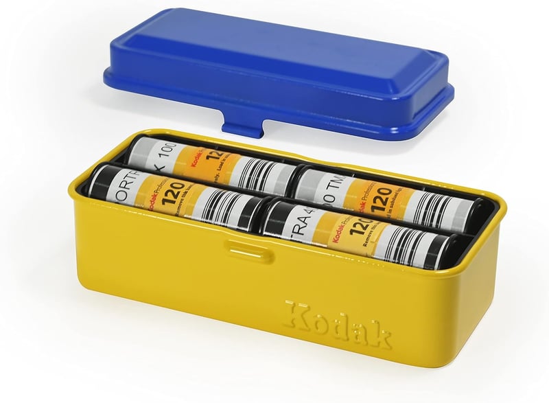 Kodak retro acél filmtároló doboz, 120/135 mm-es tekercsekhez, kék
