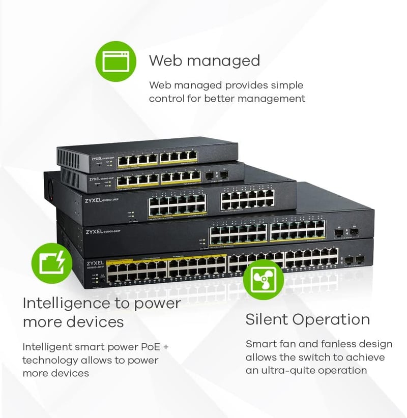 Zyxel GS1900-24 Smart Managed 24-portos Gigabit Switch - Rack Mountolható, Ventilátor Nélküli, VLAN, IGMP, QoS Támogatással