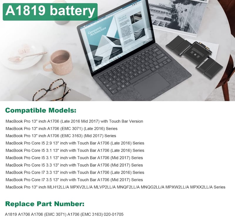 ASUNCELL A1706 A1819 Laptop Akkumulátor MacBook Pro 13" Touch Bar (2016-2017) Modellekhez - 49.2Wh, 11.4V, 6 Cellás Csereakku