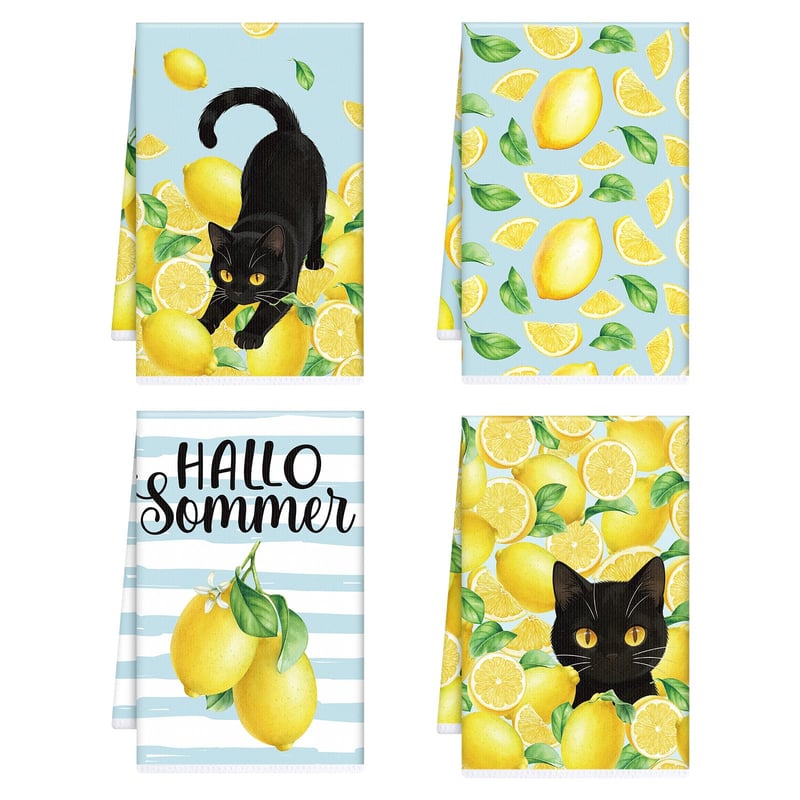 Afritee sada 4 ks kuchynských utierok s citrónmi a mačkami, jarná a letná dekorácia Hello Summer, 40x60 cm, žlté, savé utierky na riad
