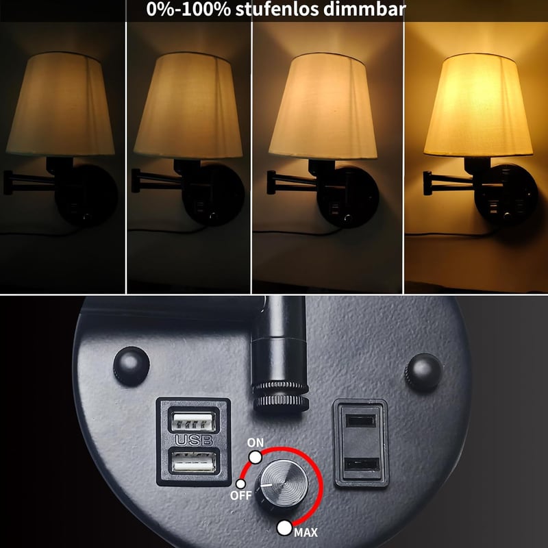 AFSEMOS Dimmelhető Fali Lámpa USB Töltővel és Kapcsolóval Fehér Árnyékolóval