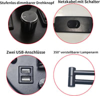 AFSEMOS Dimmelhető Fali Lámpa USB Töltővel és Kapcsolóval Fehér Árnyékolóval 2