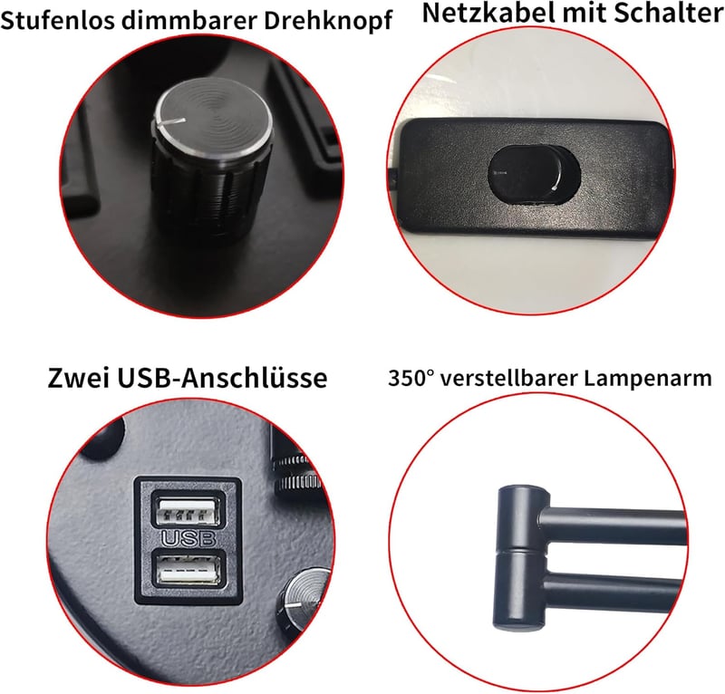AFSEMOS Dimmelhető Fali Lámpa USB Töltővel és Kapcsolóval Fehér Árnyékolóval