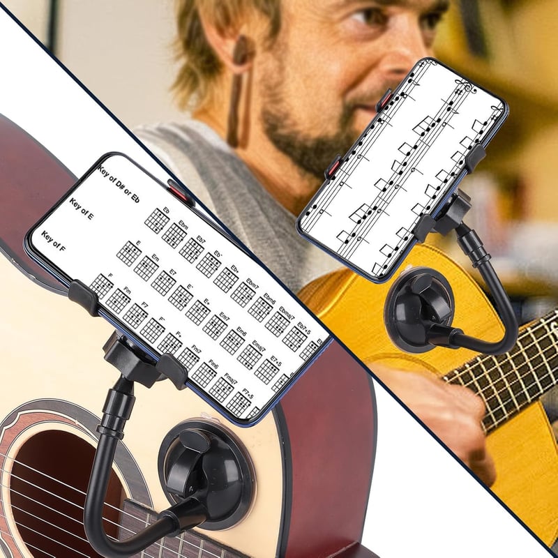 Agatige Gitár Mobiltelefon Tartó - 360° Forgatható Okostelefon Rögzítő Klip Elektromos Gitárhoz és Basszusgitárhoz, Levehető Tapadókoronggal