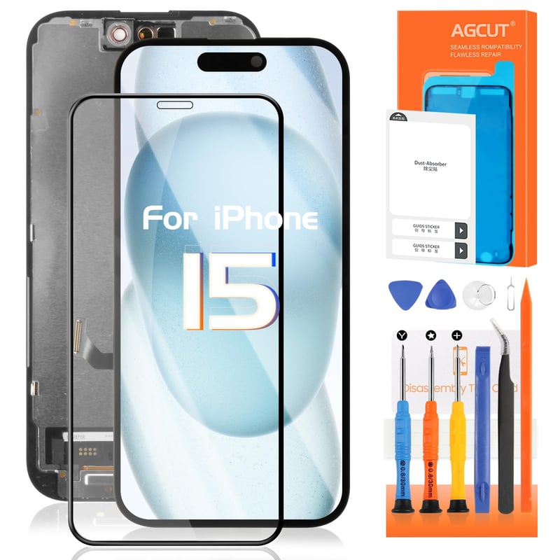 AGCUT iPhone 15 LCD kijelző csere (A3090/A2846/A3089/A3092) szerelékkészlettel - fekete