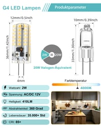 AGELCK G4 LED žarulja, neutralno bijela 4000K, 2W (zamjena za halogenu od 20W), kut snopa 360°, bez treperenja, 12V AC/DC, nije prigušiva, energetski učinkovita, 10 komada 2