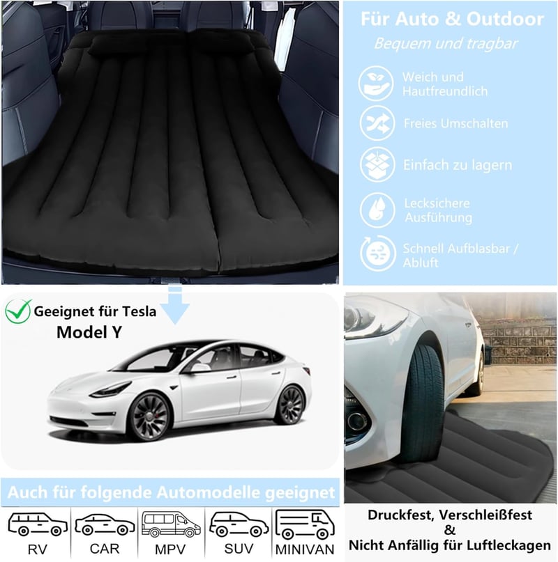 AGEMANY Autós Felfújható Matrac - 195x130 cm Fekete Kempingágy Model Y SUV-hoz, Hátsó Ülésre, 300 kg Teherbírású Összehajtható Légágy Utazás - Black
