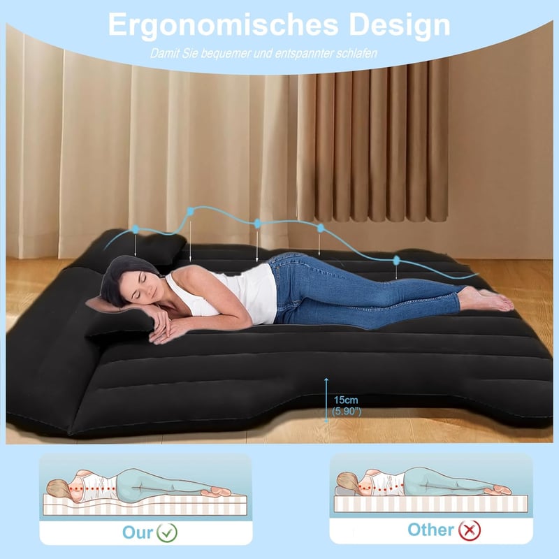 AGEMANY Autós Felfújható Matrac - 195x130 cm Fekete Kempingágy Model Y SUV-hoz, Hátsó Ülésre, 300 kg Teherbírású Összehajtható Légágy Utazás - Black