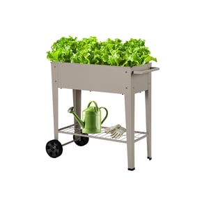 Jardinieră metalică înaltă AGENQI cu roți și raft, 84,5 x 45 x 80 cm, gri, pentru balcon, terasă sau grădină, pentru flori, legume și plante aromatice