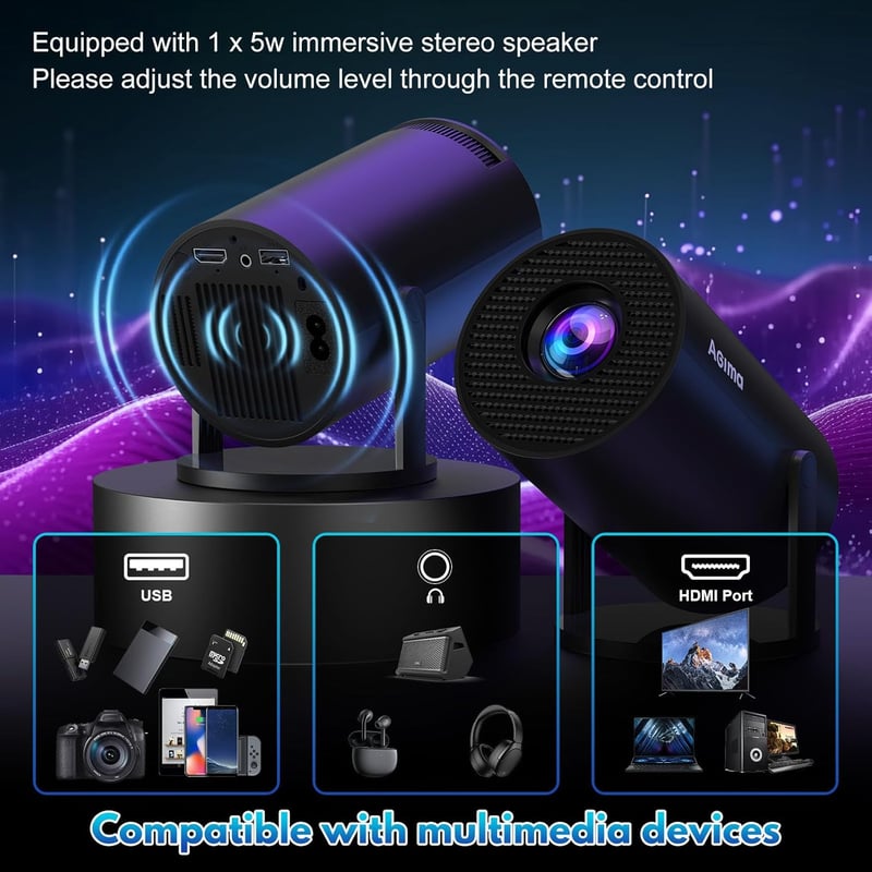 AGIMA Mini Projektor 1080P 4K Támogatás 180° Forgatható WiFi Bluetooth Hordozható - black