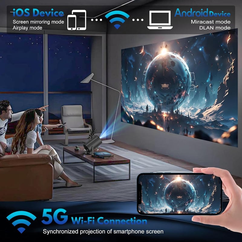 AGIMA Mini Projektor 1080P 4K Támogatás 180° Forgatható WiFi Bluetooth Hordozható - black