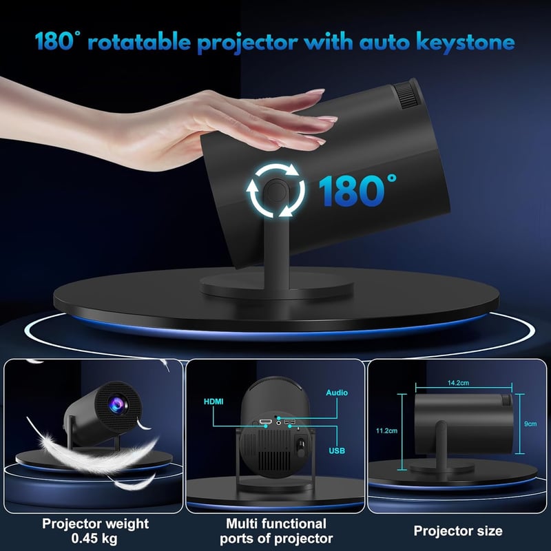 AGIMA Mini Projektor 1080P 4K Támogatás 180° Forgatható WiFi Bluetooth Hordozható - black