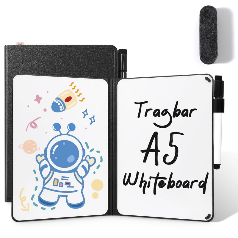 Mini tablă albă AGM, portabilă, tip memoboard A5, tablă de scris cu două fețe, 15 x 21 cm, carcasă rigidă, fără magneți, pentru birou și școală, cu 1 marker și burete de șters