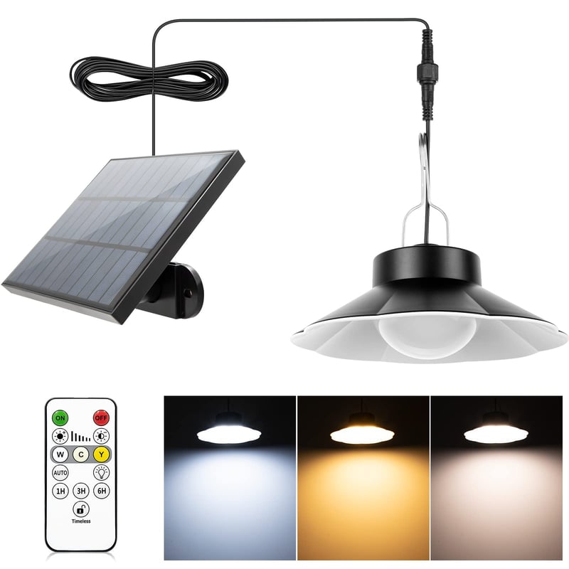 AGOTD Solárna závesná lampa s diaľkovým ovládaním, 3 teploty farieb, 6 úrovní jasu, vodotesnosť IP65, 5 m kábel, do záhrady, na terasu, na balkón