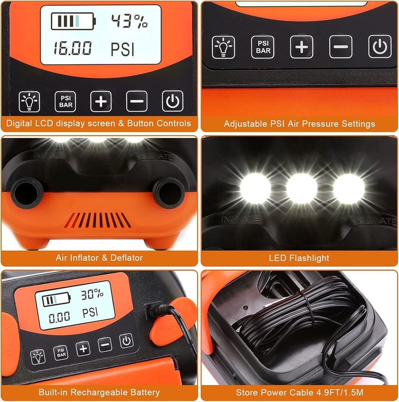 AGPTEK 6000 mAh Elektromos SUP Pumpa 16PSI Akkumulátoros Kompresszor - Gyors Felfújás/Leeresztés Matracokhoz, Sátrakhoz, Csónakokhoz