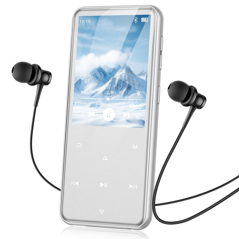 MP3 prehrávač AGPTEK 64GB s Bluetooth 5.3 – 2,4-palcový TFT displej, HiFi zvuk, FM rádio, vstavaný reproduktor, strieborný