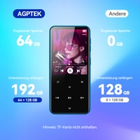 AGPTEK 64GB MP3 prehrávač, Bluetooth 5.3, 2,4-palcový farebný TFT displej, HiFi reproduktor, FM rádio, dotykové tlačidlá, e-kniha, záznam zvuku, podpora 128GB, modrý 6