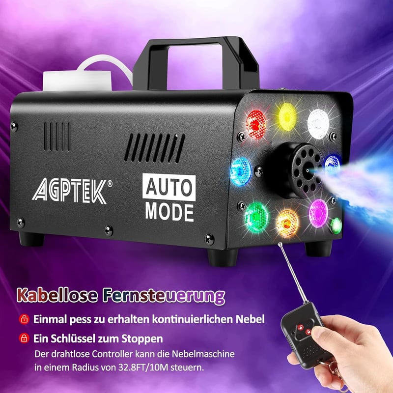 AGPTEK Füstgép Vezeték Nélküli Távirányítóval és Színes LED Világítással - 500W Kompakt Ködgép Halloweenre, Esküvőre és Rendezvényekre