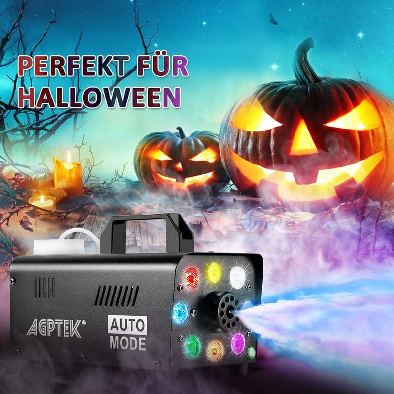 AGPTEK Füstgép Vezeték Nélküli Távirányítóval és Színes LED Világítással - 500W Kompakt Ködgép Halloweenre, Esküvőre és Rendezvényekre