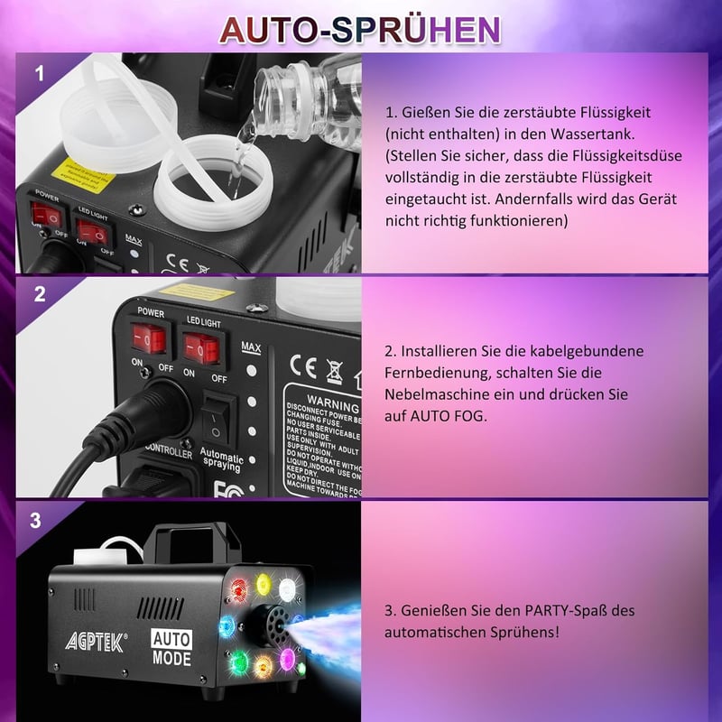 AGPTEK Füstgép Vezeték Nélküli Távirányítóval és Színes LED Világítással - 500W Kompakt Ködgép Halloweenre, Esküvőre és Rendezvényekre