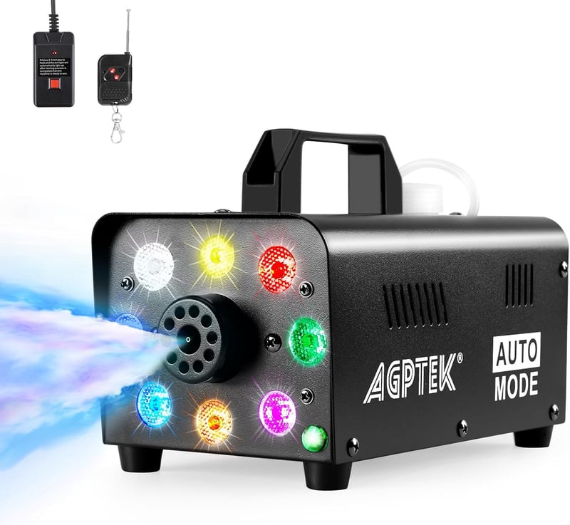 AGPTEK Füstgép Vezeték Nélküli Távirányítóval és Színes LED Világítással - 500W Kompakt Ködgép Halloweenre, Esküvőre és Rendezvényekre