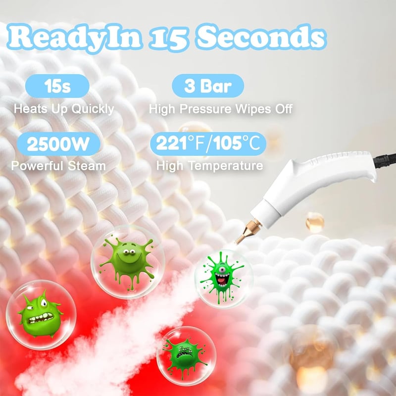 Agrdeed 2500W Kézi Gőztisztító 3.0 Bar Nyomás 1200ml Tartály 8 Tartozékkal