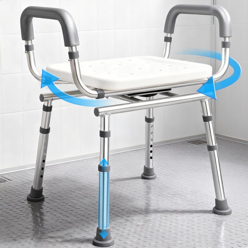 Scaun de duș rotativ 360° Agrish cu brațe detașabile – Scaun de baie reglabil pe înălțime pentru vârstnici și persoane cu mobilitate redusă, capacitate 160 kg, C
