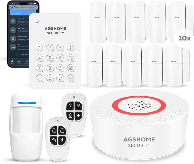 AGSHOME Vezeték Nélküli Riasztórendszer 15 Részes Szett - 120dB WiFi Biztonsági Készlet, Bővíthető, Alexa és Google Asszisztens Kompatibilis