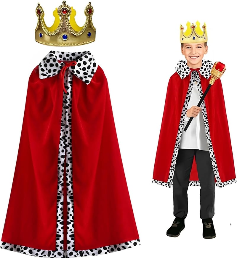 AHEJIOO király jelmez gyerekeknek pelerina koronával piros arany 90 cm 90-135 cm fiúknak farsang Halloween jelmez