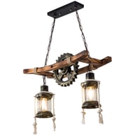 Candelabru AHQX din Cânepă - Pendul din Lemn și Fier E27 în Stil Industrial Vintage, Lampă de Plafon cu 2 Becuri, Maro Antic, pentru Living, Sufragerie 1