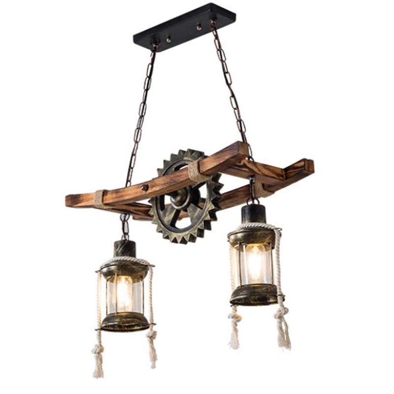 Candelabru AHQX din Cânepă - Pendul din Lemn și Fier E27 în Stil Industrial Vintage, Lampă de Plafon cu 2 Becuri, Maro Antic, pentru Living, Sufragerie