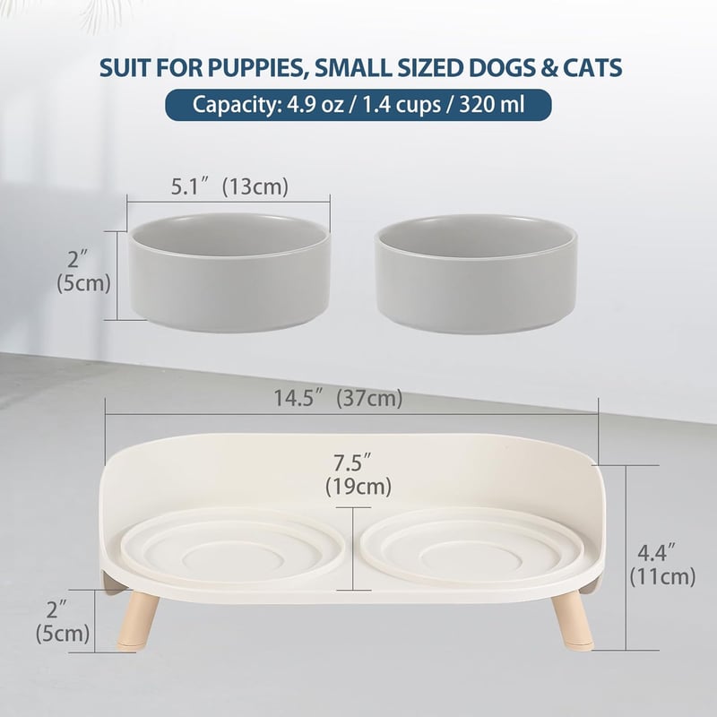 AHX Dupla Macskataál Kerámia Emelt Állvánnyal és Fröccsenésgátlóval 2x480ml - Food bowl for small dogs and cats, gray