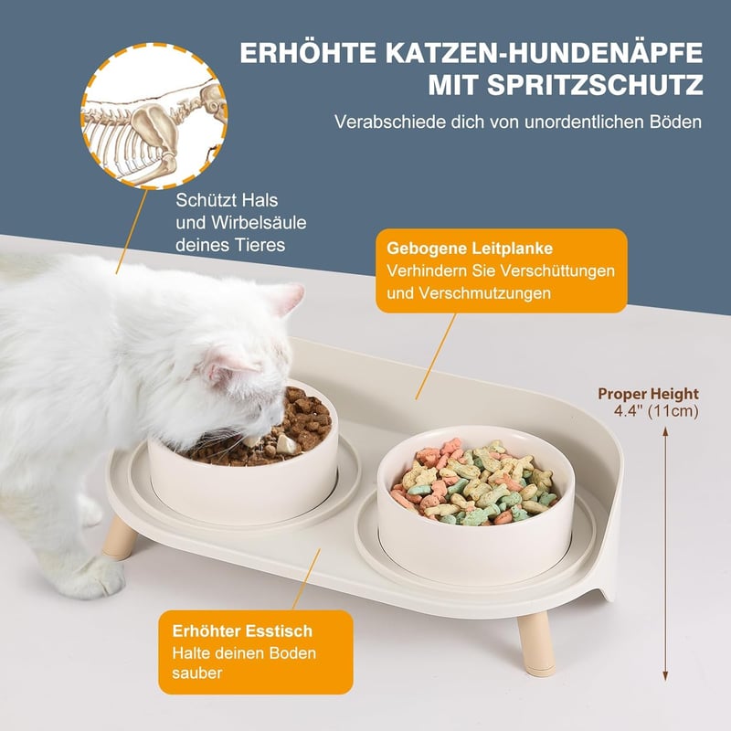 AHX Dupla Macskataál Kerámia Emelt Pozícióval Csúszásmentes Állvánnyal 480ml - Food bowl for small dogs and cats, White
