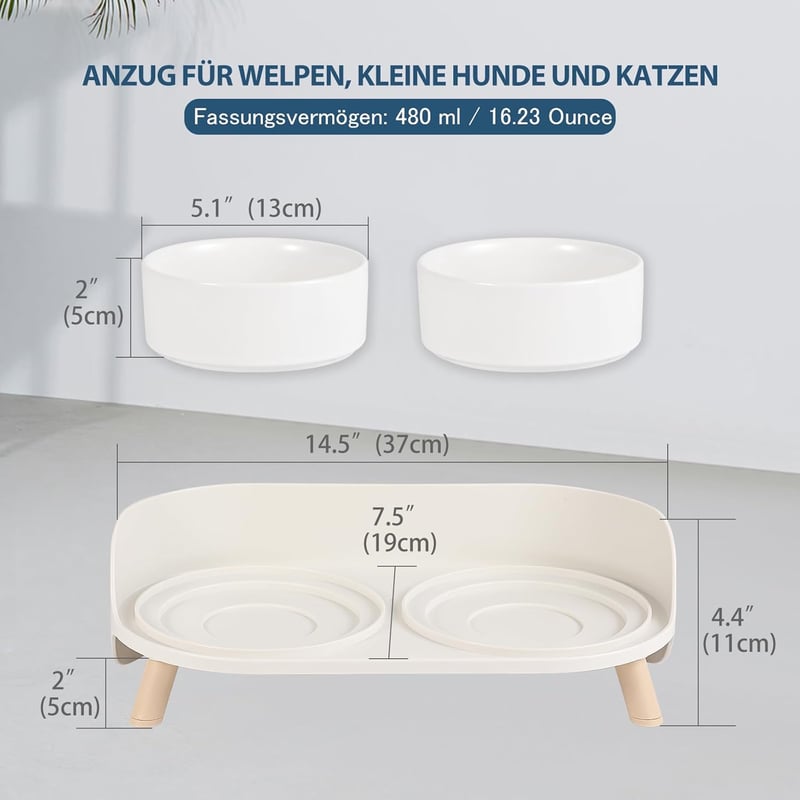AHX Dupla Macskataál Kerámia Emelt Pozícióval Csúszásmentes Állvánnyal 480ml - Food bowl for small dogs and cats, White