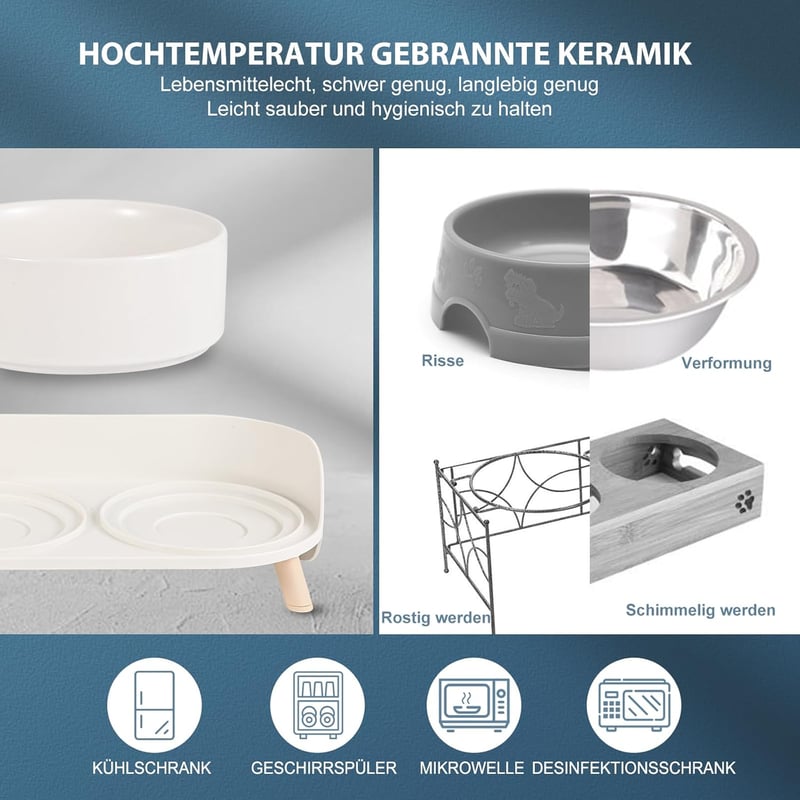 AHX Dupla Macskataál Kerámia Emelt Pozícióval Csúszásmentes Állvánnyal 480ml - Food bowl for small dogs and cats, White