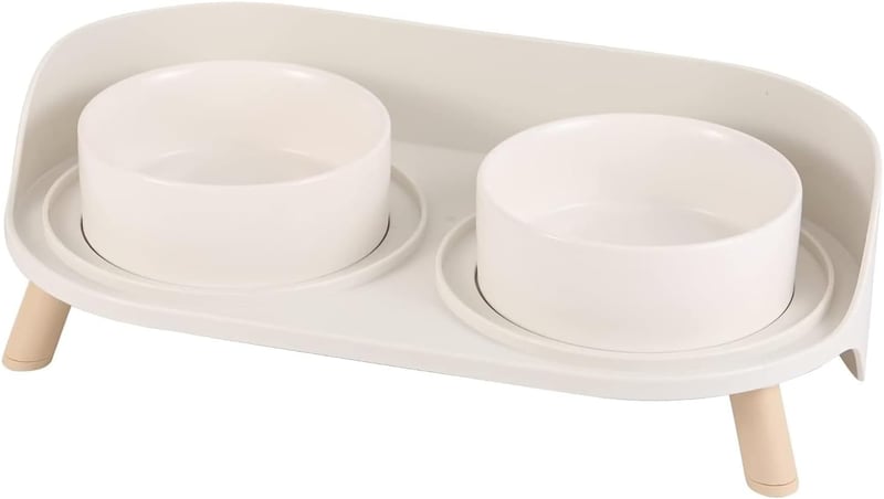 AHX Dupla Macskataál Kerámia Emelt Pozícióval Csúszásmentes Állvánnyal 480ml - Food bowl for small dogs and cats, White