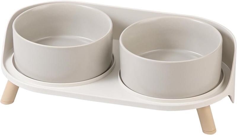 AHX emelt kerámia kutyatál állvánnyal, dupla - szürke - 850 ml x 2