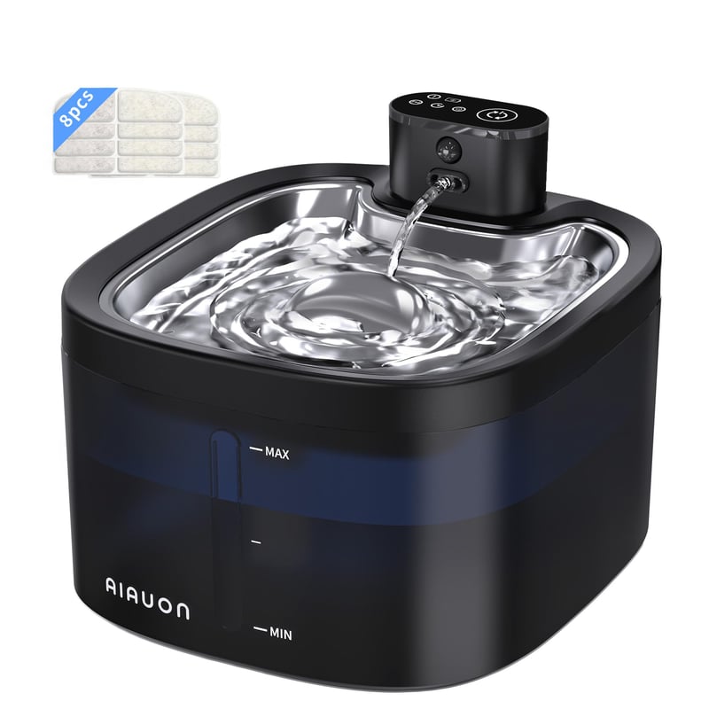 Bezdrôtová fontána pre mačky AIAUON 3,5 l s režimom senzora a časovačom, s miskou z nehrdzavejúcej ocele, ultra tichá, s 8 filtrami