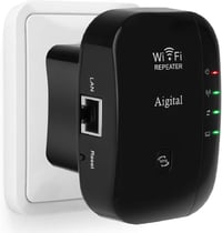 Aigital WLAN Jelerősítő 300 Mbit/s - WiFi Hatótávnövelő Ethernet Porttal, WPS Gombbal, AP Móddal, Kompakt Fekete Kivitel, Minden WiFi Eszköz 1