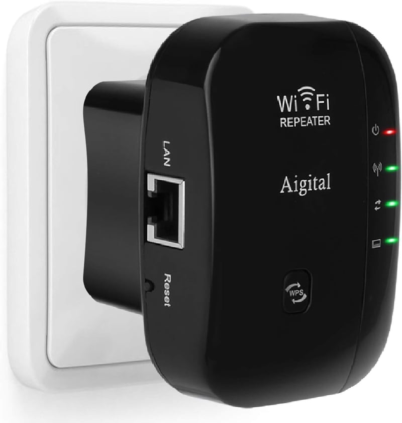 Aigital WLAN Jelerősítő 300 Mbit/s - WiFi Hatótávnövelő Ethernet Porttal, WPS Gombbal, AP Móddal, Kompakt Fekete Kivitel, Minden WiFi Eszköz
