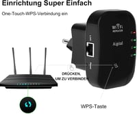 Aigital WLAN Jelerősítő 300 Mbit/s - WiFi Hatótávnövelő Ethernet Porttal, WPS Gombbal, AP Móddal, Kompakt Fekete Kivitel, Minden WiFi Eszköz 4