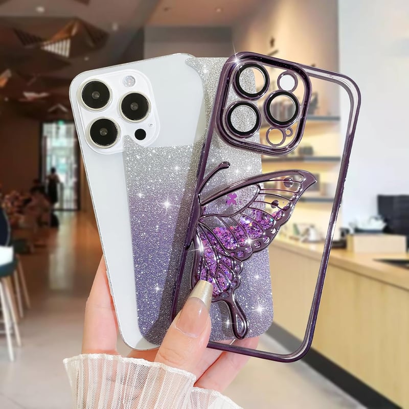 AIGOMARA Csillogó Tok iPhone 15 Pro Max-hoz, 3D Pillangó Mintás Folyékony Homokos Védőtok Kameravédelemmel, Vékony TPU Bumper
