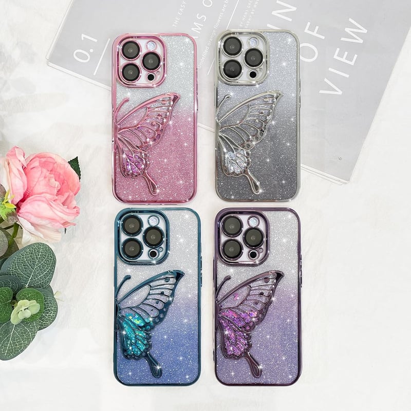 AIGOMARA Csillogó Tok iPhone 15 Pro Max-hoz, 3D Pillangó Mintás Folyékony Homokos Védőtok Kameravédelemmel, Vékony TPU Bumper