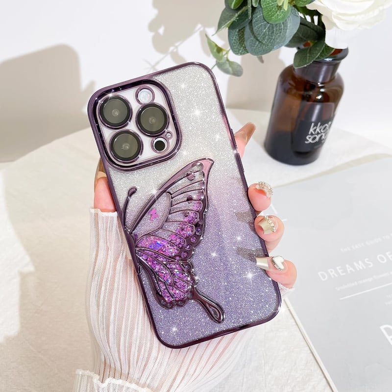AIGOMARA Csillogó Tok iPhone 15 Pro Max-hoz, 3D Pillangó Mintás Folyékony Homokos Védőtok Kameravédelemmel, Vékony TPU Bumper
