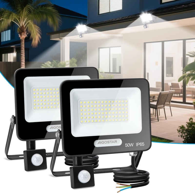 Aigostar 50W LED reflektor so senzorom pohybu, exteriérový, 4600 lm, 6500K studená biela, IP65 vodoodolný, osvetlenie do záhrady, garáže a na dvor, 2 ks