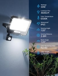 Aigostar 50W LED reflektor so senzorom pohybu, exteriérový, 4600 lm, 6500K studená biela, IP65 vodoodolný, osvetlenie do záhrady, garáže a na dvor, 2 ks 2