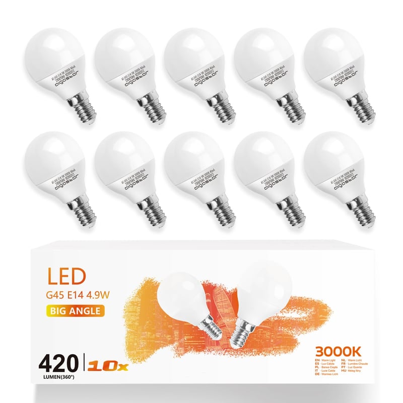 LED žiarovka Aigostar E14, 5W, teplá biela 3500K, 400 lúmenov, uhol vyžarovania 230°, bez blikania, balenie 10 ks, energetická trieda A+