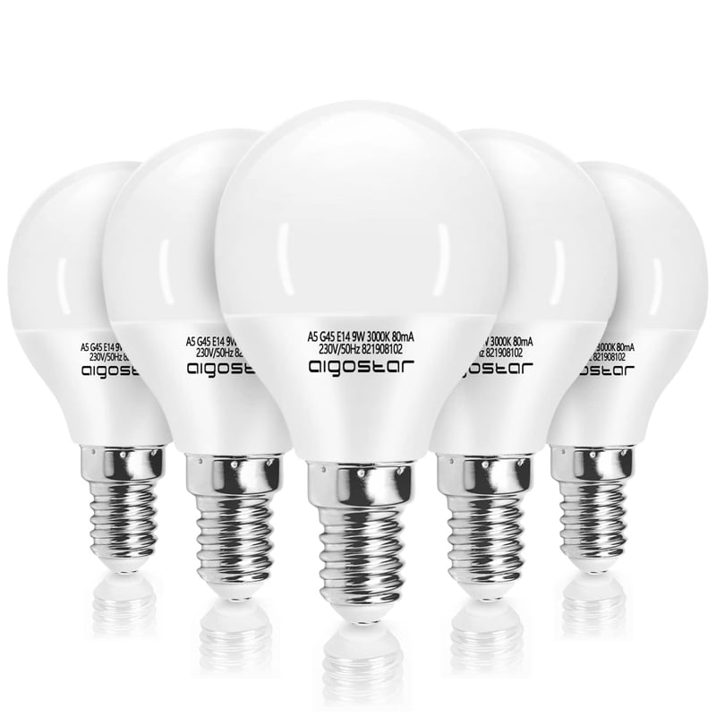 LED žiarovka Aigostar E14 G45 9W (náhrada za 62W), teplá biela 3000K, 840 lúmenov, CRI>80, nestmievateľná, energeticky úsporná, 5 ks